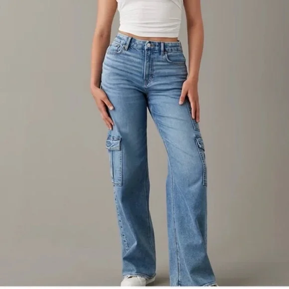 American Eagle Dreamy Drape Curvy Super High-Rise Baggy Wide Leg Jeans EUC Sz 10 - Picture 7 of 14